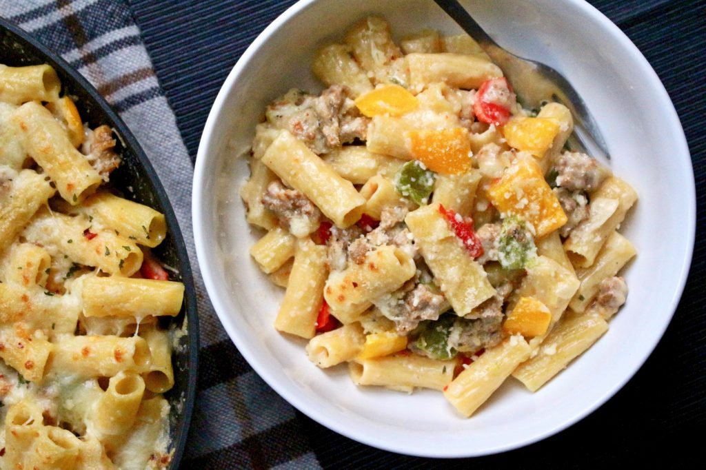 one-pot-pasta-creamy-sausage-peppers-onions-kingcooks